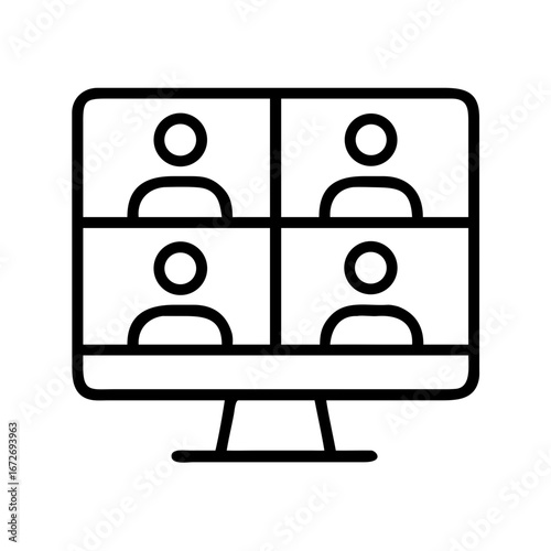 Video conference icon showing four participants on a desktop monitor screen