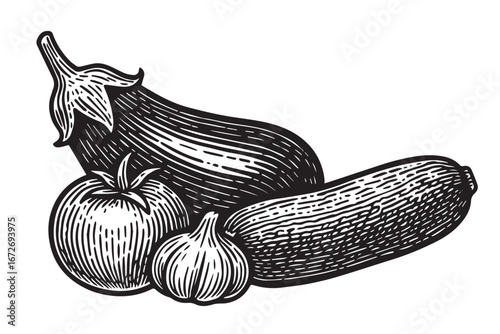 Vegetable Trio in Ink Illustration black and white etching engraving linocut woodcut lineart detailed botanical food illustration for packaging and artwork