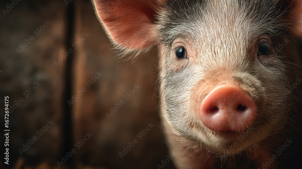 Fototapeta premium Curious piglet in a rustic farm setting during the early morning hours