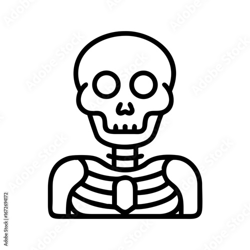 A skeletal figure with distinct bone structure, illustrated in black and white