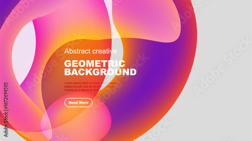 Abstract geometric background features vibrant overlapping shapes. Pink, orange, purple hues dominate design. Text promotes further exploration.
