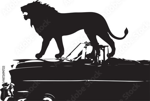 Majestic lion standing atop vintage car animal automobile