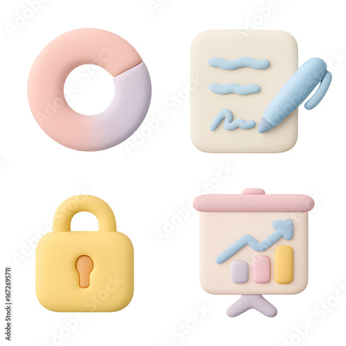 Business clay pastel icons set isolated on transparent background pie chart signed document padlock and presentation board soft 3D style for finance and corporate design
