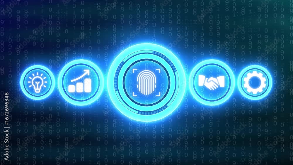 Digital security and business growth icons with binary code background in blue technology data