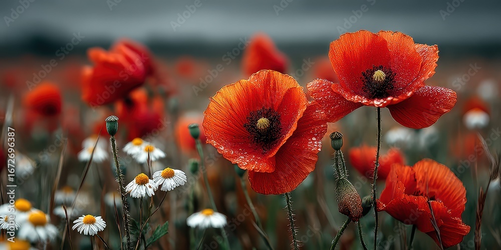 Obraz premium Vibrant red poppies and delicate daisies thrive in a rainy meadow during late spring