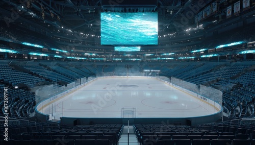Empty hockey arena, jumbotron ocean scene, pre-game