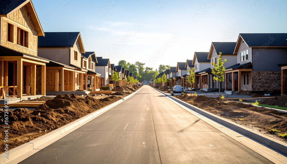Fototapeta premium New residential neighborhood with modern houses under construction, empty street, clear sky, and fresh landscaping, conveying sense of growth and opportunity