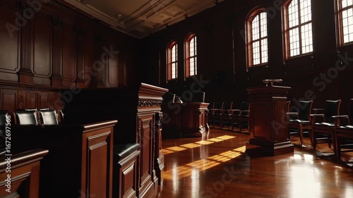 This video features an empty courtroom bathed in natural light, with wooden benches, witness stand, and judge’s podium. The elegant windows and polished floors create a serious, dignified, and anticip
