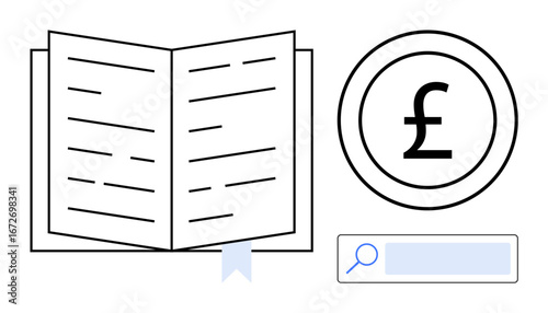 Open book with bookmark, pound coin symbol, and search bar. Ideal for education, finance, information research, money management, learning resources, business planning simple landing page