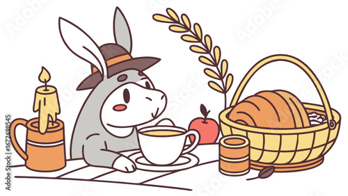 Bashful expression on a  Mule in a Thanksgiving theme, with in a teacup – Grateful Harvest vector art