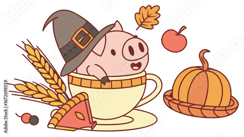 Cute Funny  Pig, accessorized with in a teacup, in a Thanksgiving world – Grateful Harvest palette vector