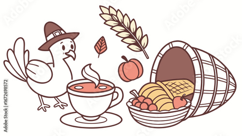 Cute Joyful  Wild Turkey, accessorized with in a teacup, in a Thanksgiving world – Grateful Harvest palette vector