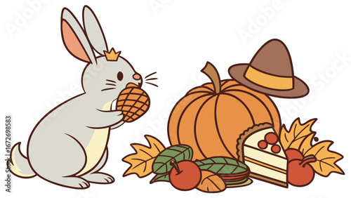 Cute Loving Rabbit, accessorized with with a tiny crown, in a Thanksgiving world – Grateful Harvest palette vector
