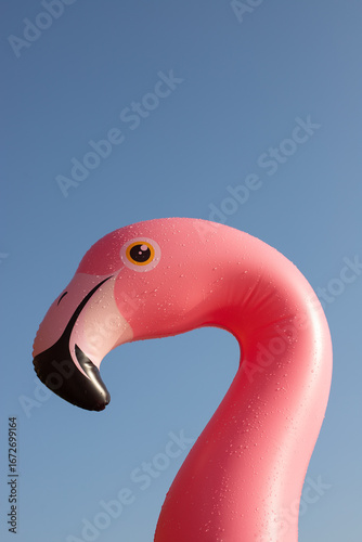 Close-up of an inflatable pink flamingo against a blue sky