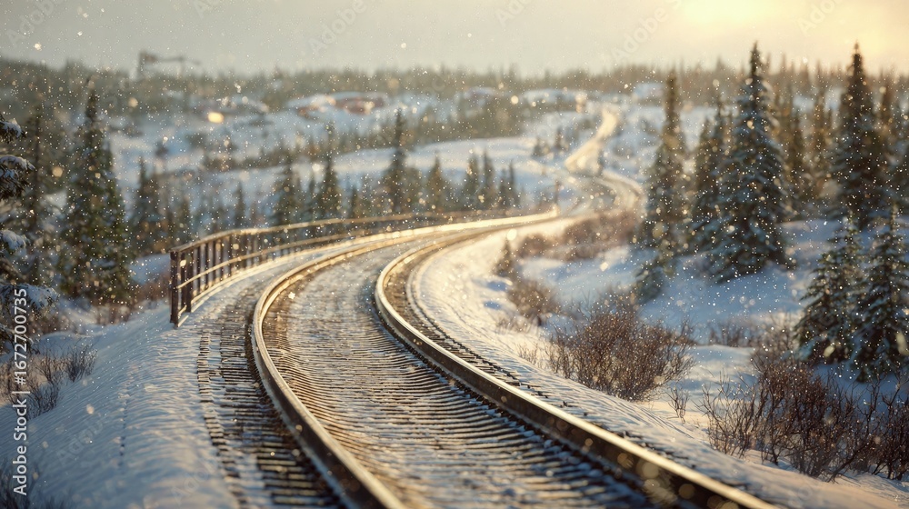 Fototapeta premium Snowy Train Tracks Through Winter Forest Landscape