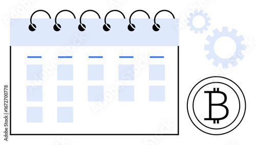 Calendar with spiral binding, Bitcoin logo, and gear icons symbolize blockchain scheduling, cryptocurrency management, and technological progress. Ideal for fintech, digital finance, blockchain
