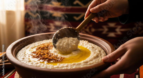 Hand Holding Traditional Clay Pot of Saudi Jareesh with Crispy Onions and Ghee – Cultural Food Photography