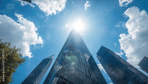 A dramatic low angle view of modern skyscrapers reaching towards a bright sunlit sky filled with fluffy white clouds on a clear day