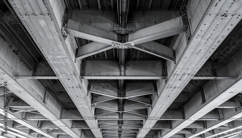 A symmetrical, low-angle, black and white view of the intricate steel beam and girder support structure underneath a bridge