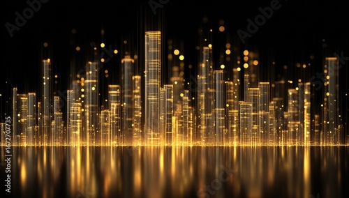 Golden Cityscape Night Reflection, Futuristic Skyline