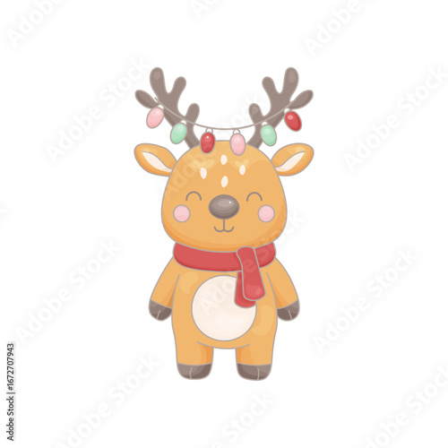 Vector hand drawn reindeer with a red scarf and colorful Christmas lights on its antlers. Cheerful and cozy outline illustration on white background