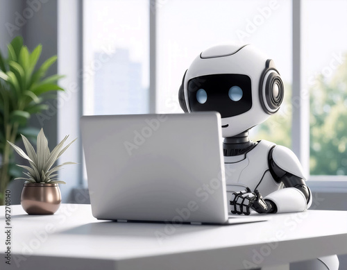 android robot working with laptop at office desk in front of window, artificial intelligence concept