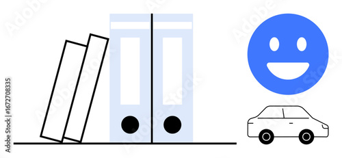 Stacked files symbolize organization, with a smiling face for positivity and a car for mobility. Ideal for productivity, organization, positivity, efficiency, planning, systems, simple landing page