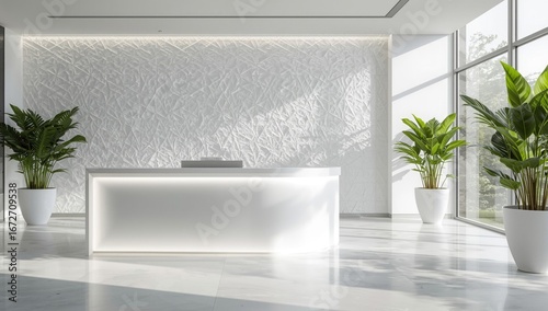 Modern and bright office reception area featuring a sleek white desk illuminated by soft lighting and lush green plants