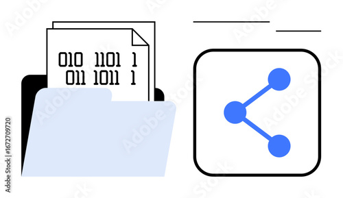 Open folder with binary code files alongside share icon signifies digital data transfer and connectivity. Ideal for collaboration, technology, communication, data storage, networking, digital
