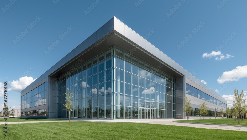Obraz premium Modern architectural marvel featuring a striking glass facade and angular metallic roof under a clear blue sky with scattered clouds