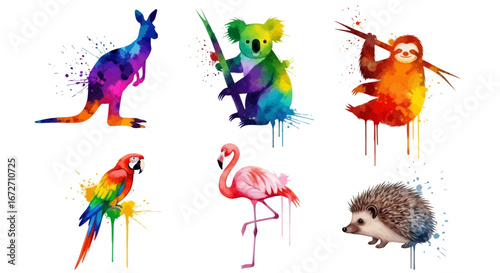 Vibrant watercolor wildlife collection featuring kangaroo, koala, sloth, parrot, flamingo, and hedgehog for artistic designs and educational projects