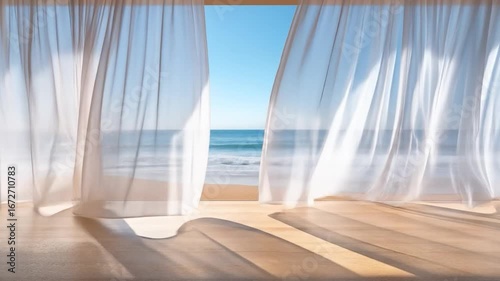 Seaside Serenity: A sunlit scene reveals billowing curtains gently swayed by the ocean breeze, framing an idyllic vista of shimmering blue waters and a clear, expansive sky.
