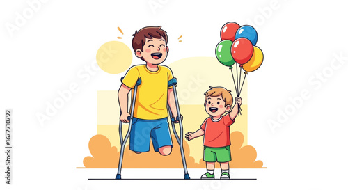 Joyful brothers share happy moments with balloons, one using crutches, celebrating resilience and connection