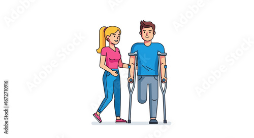 Empathetic support given to man recovering with crutches, symbolizing hope and resilience in rehabilitation journeys