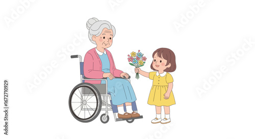 Sweet child offers vibrant flowers to smiling grandmother in wheelchair, heartwarming generational connection captured