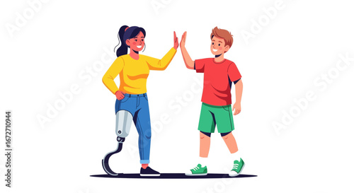 Joyful diverse friends celebrate achievement with high five, one with prosthetic leg embodying resilience and inclusion
