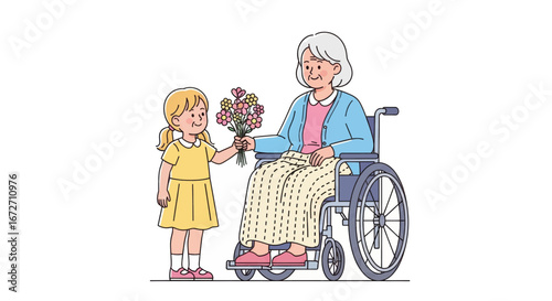 Little girl happily gives flowers to her grandmother sitting in a wheelchair, heartwarming family moment