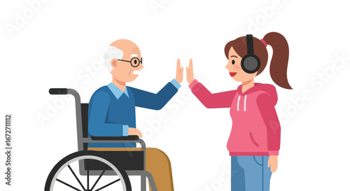 A cheerful elderly man in a wheelchair gives a high-five to a young woman wearing headphones.