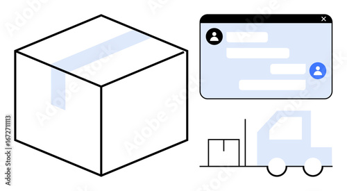 Large sealed package, chat interface with user icons, and delivery truck transporting goods. Ideal for logistics, shipping, communication, delivery apps, customer support, e-commerce simple landing