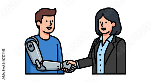 A man with a prosthetic robotic arm shakes hands with a businesswoman in a suit.