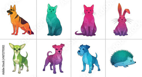A collection of eight colorful, stylized pet illustrations including dogs, cats, a rabbit, and a hedgehog in a grid layout.