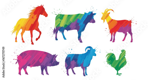 A collection of six colorful farm animal silhouettes with a vibrant watercolor paint splatter effect.