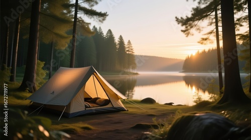 A beige camping tent nestled by a serene lake at sunrise, surrounded by lush forest