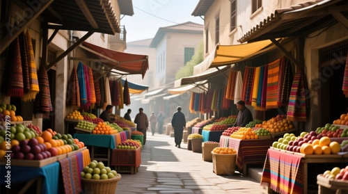 A bustling marketplace alley, overflowing with colorful textiles and fresh produce