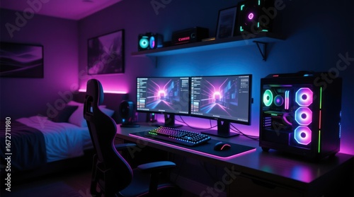 A brightly lit, modern gaming room.  RGB lighting accents a desk with two monitors, gaming PC, and peripherals.  Bed visible in background