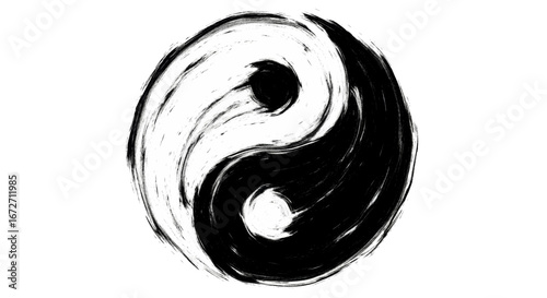 An artistic rendering of the Taoist Yin Yang symbol, depicted with expressive black and white ink brushstrokes on a white background.