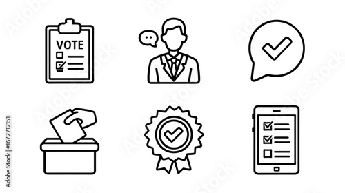 Collection of voting related icons including ballot box, checklist and person talking icon set up nicely