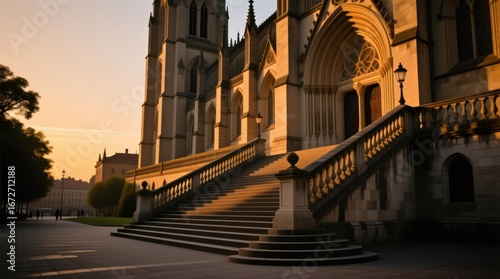 A grand cathedral's steps at sunset.  Golden light bathes the ornate stonework.  People are visible in the distance