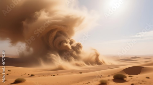 A massive sandstorm erupts over a vast desert landscape
