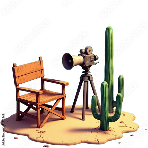 A classic director's chair and a vintage film camera stand ready on a dry, cracked desert patch alongside two cacti, evoking a classic movie set or outdoor film production scene